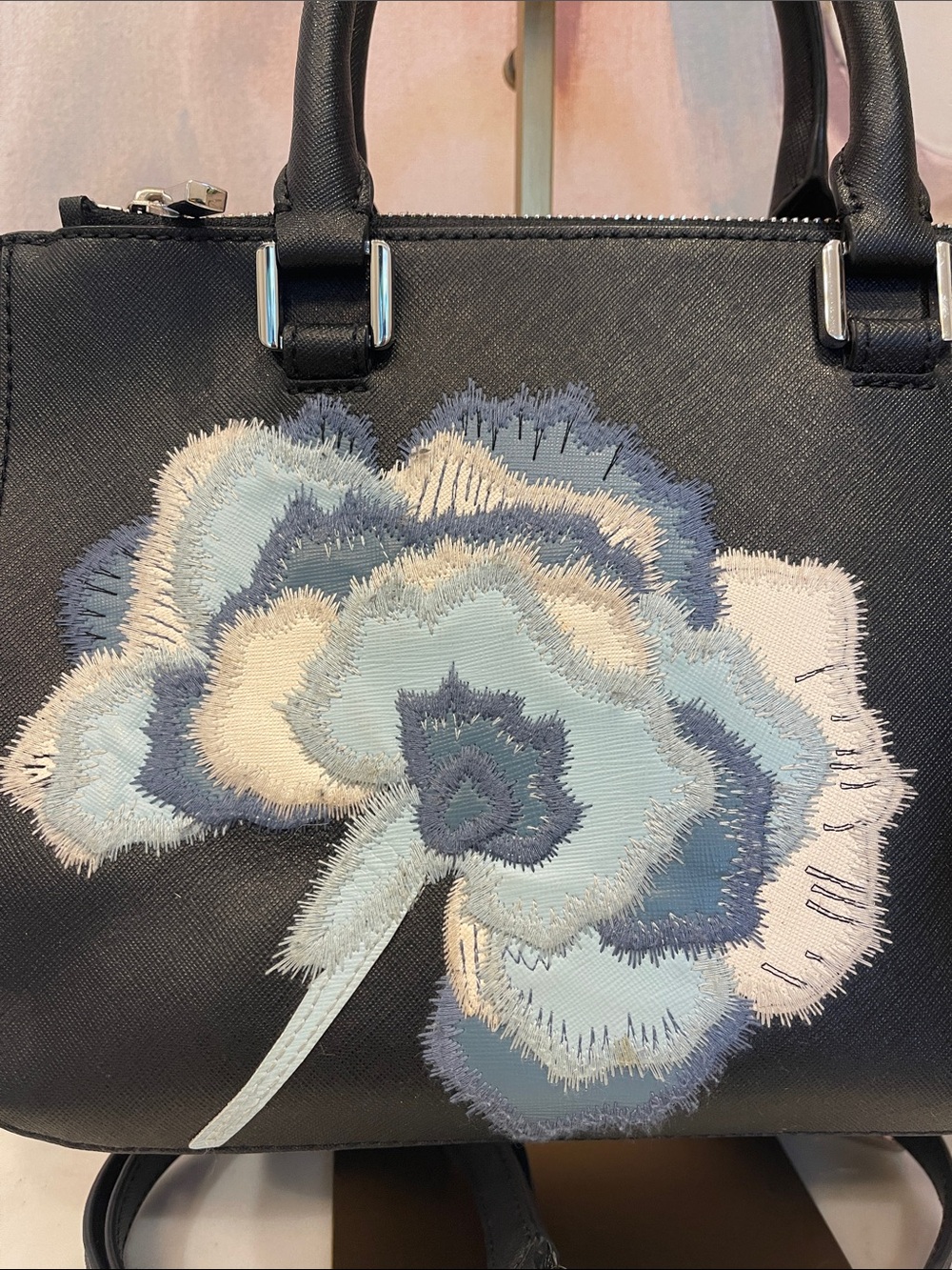 Tory Burch Black Leather Satchel with Blue and Cream Floral Appliqué - Picture 4 of 7